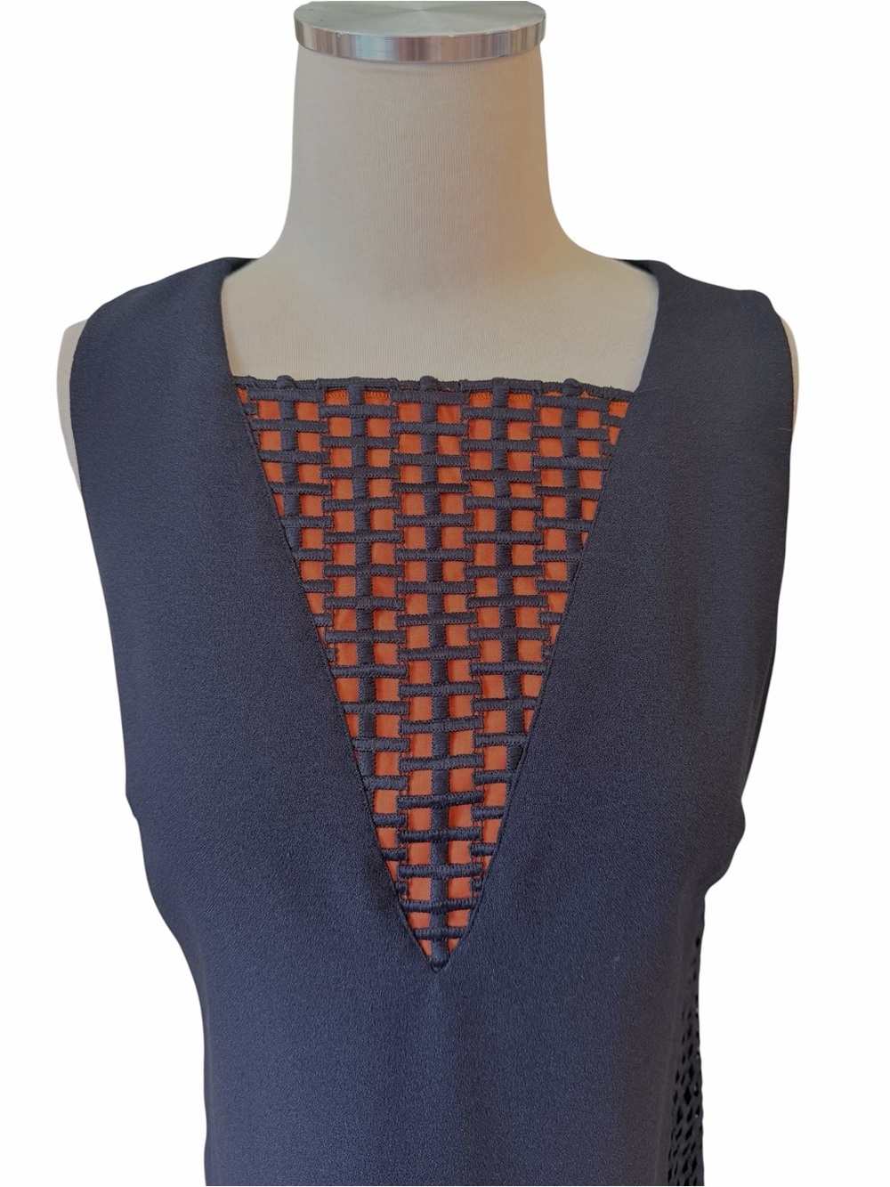 Antonio Melani Sleeveless Navy with Orange Lace-Trim Shift Dress Sz 6 - Picture 5 of 12